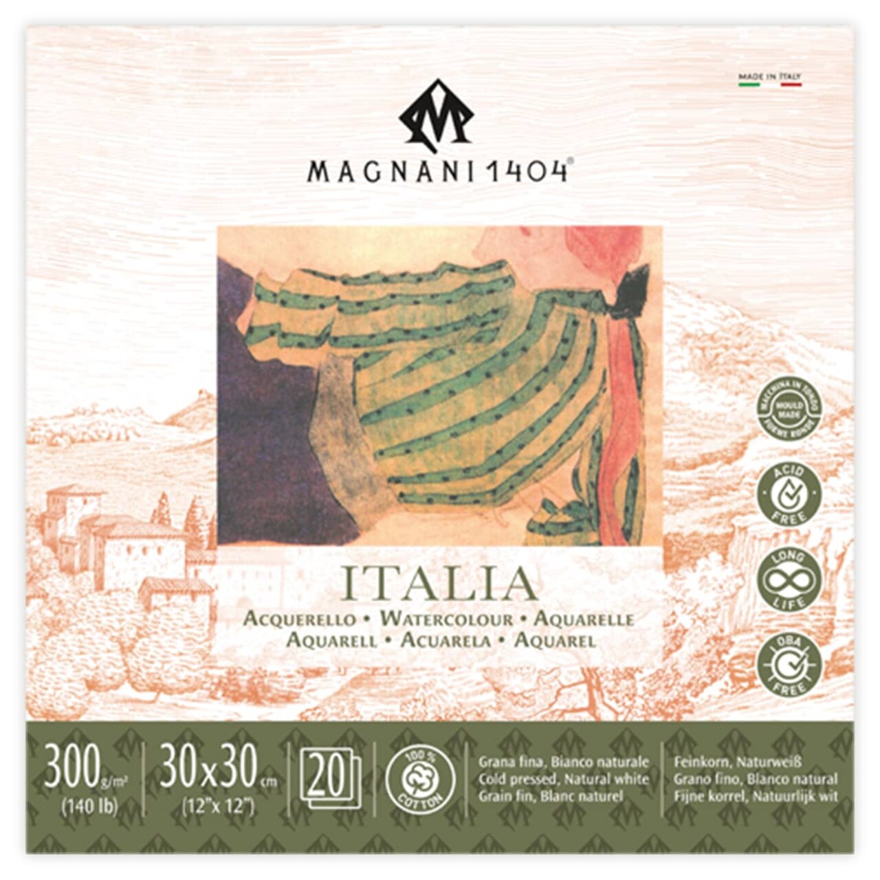 Magnani 1404 Italia Cold Press 100% Cotton Watercolor Paper Pad, 20 Sheets, 140 lb, Acid-Free, UV Resistant, Deckled Edges, Vegan Sized Water Color Paper for Artists, Made in Italy